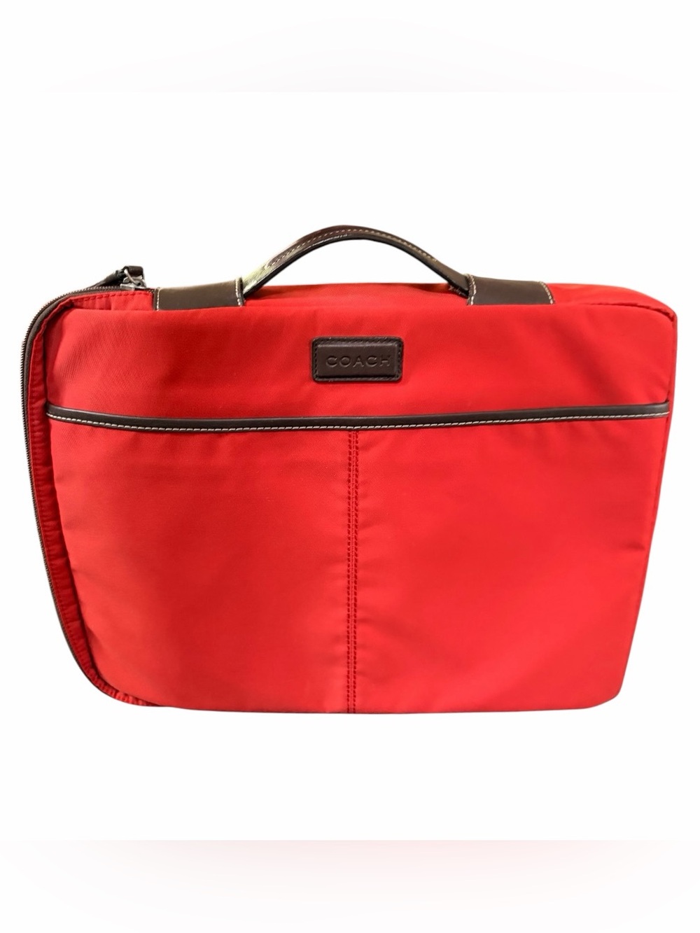 Coach Red Nylon Briefcase with Dark Brown Trim and Too Handle